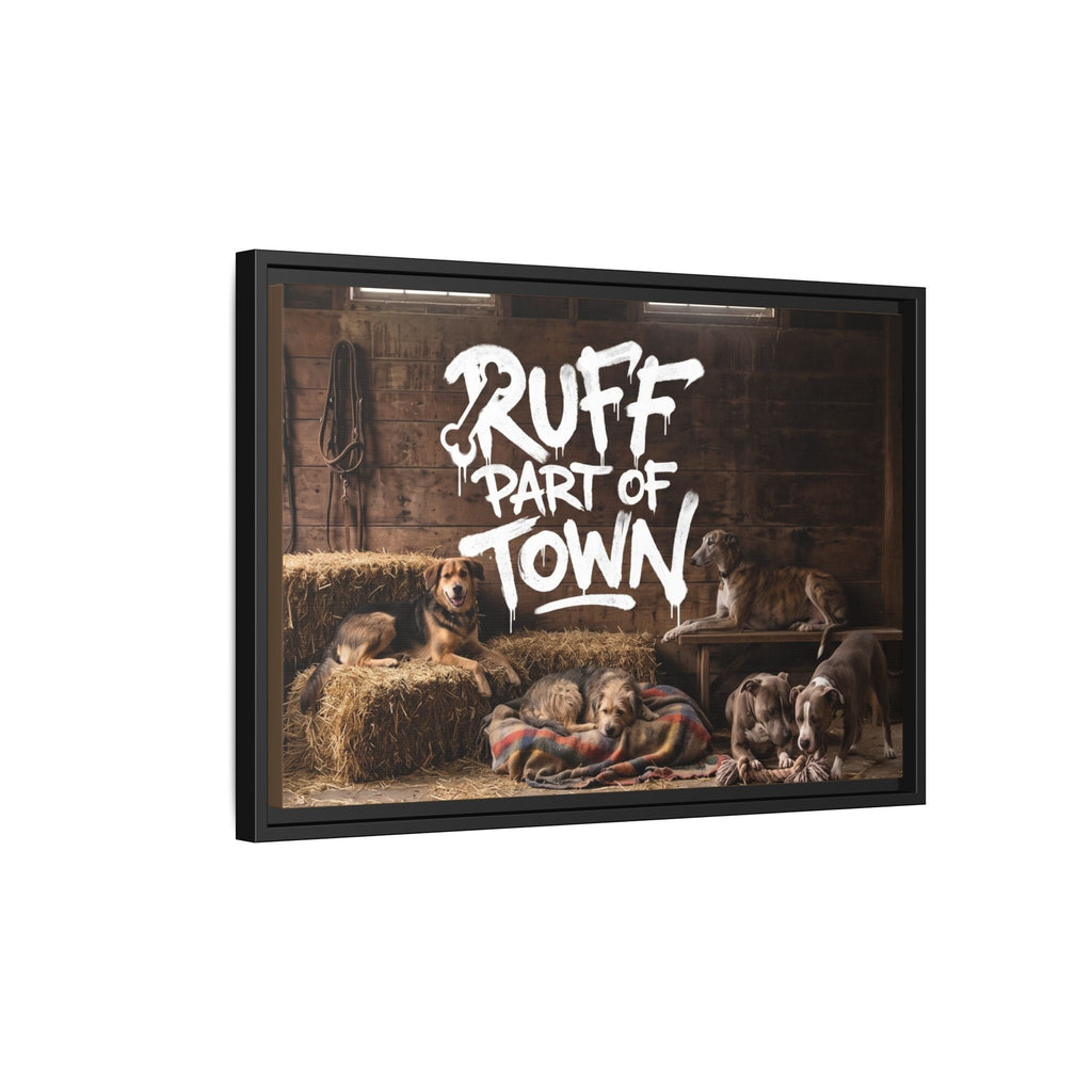 Ruff Part of Town framed canvas art featuring dogs resting on hay bales and a blanket in a rustic barn setting.