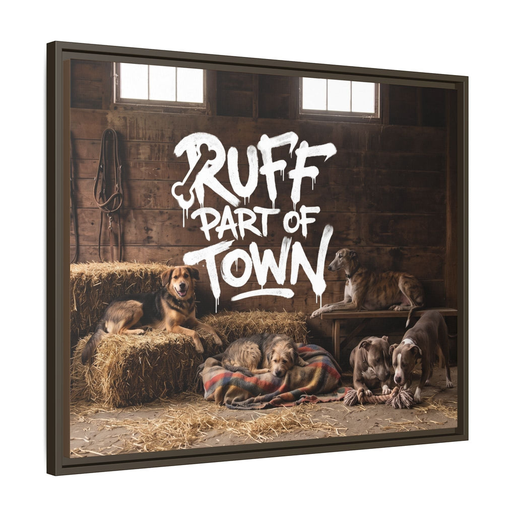 Ruff Part of Town framed canvas art featuring five dogs resting in a rustic barn setting with hay bales and a wooden bench.