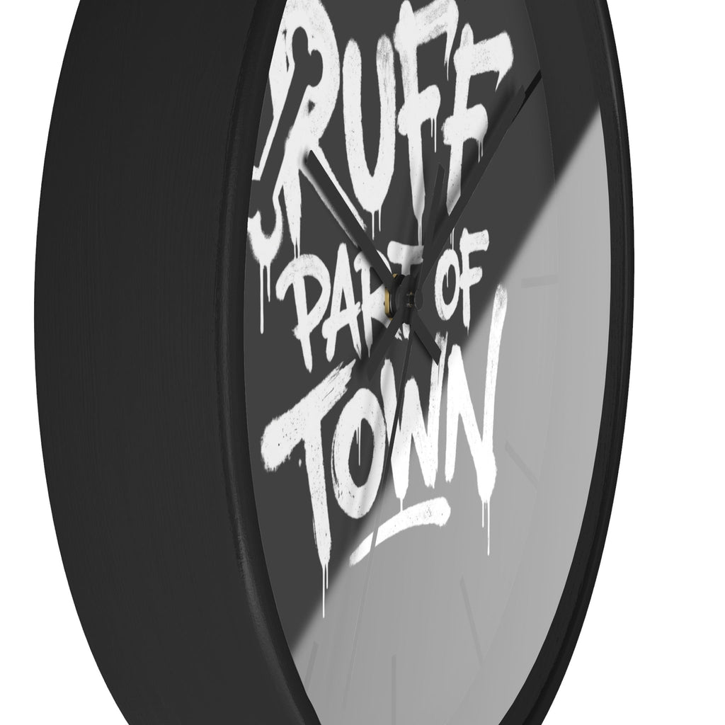 Ruff Part of Town black wooden wall clock with graffiti-style lettering and plexiglass face.