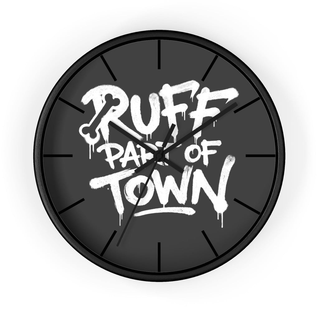Ruff Part of Town black wooden wall clock with graffiti-style lettering and a bone graphic. Features a plexiglass face and silent mechanism.