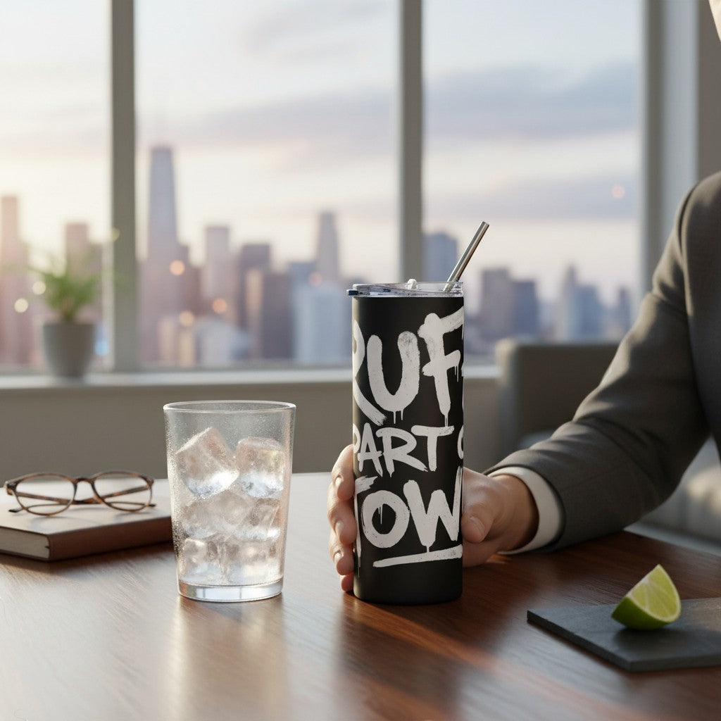 Ruff Part of Town black stainless steel 20oz tumbler with white graffiti art, clear lid, and metal straw.