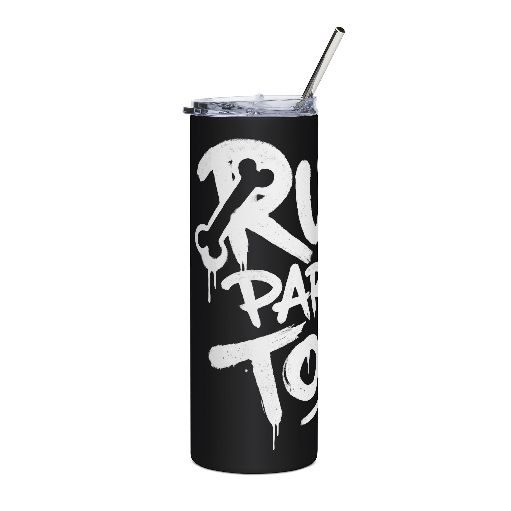 Ruff Part of Town black stainless steel 20oz tumbler with white graffiti art and metal straw.