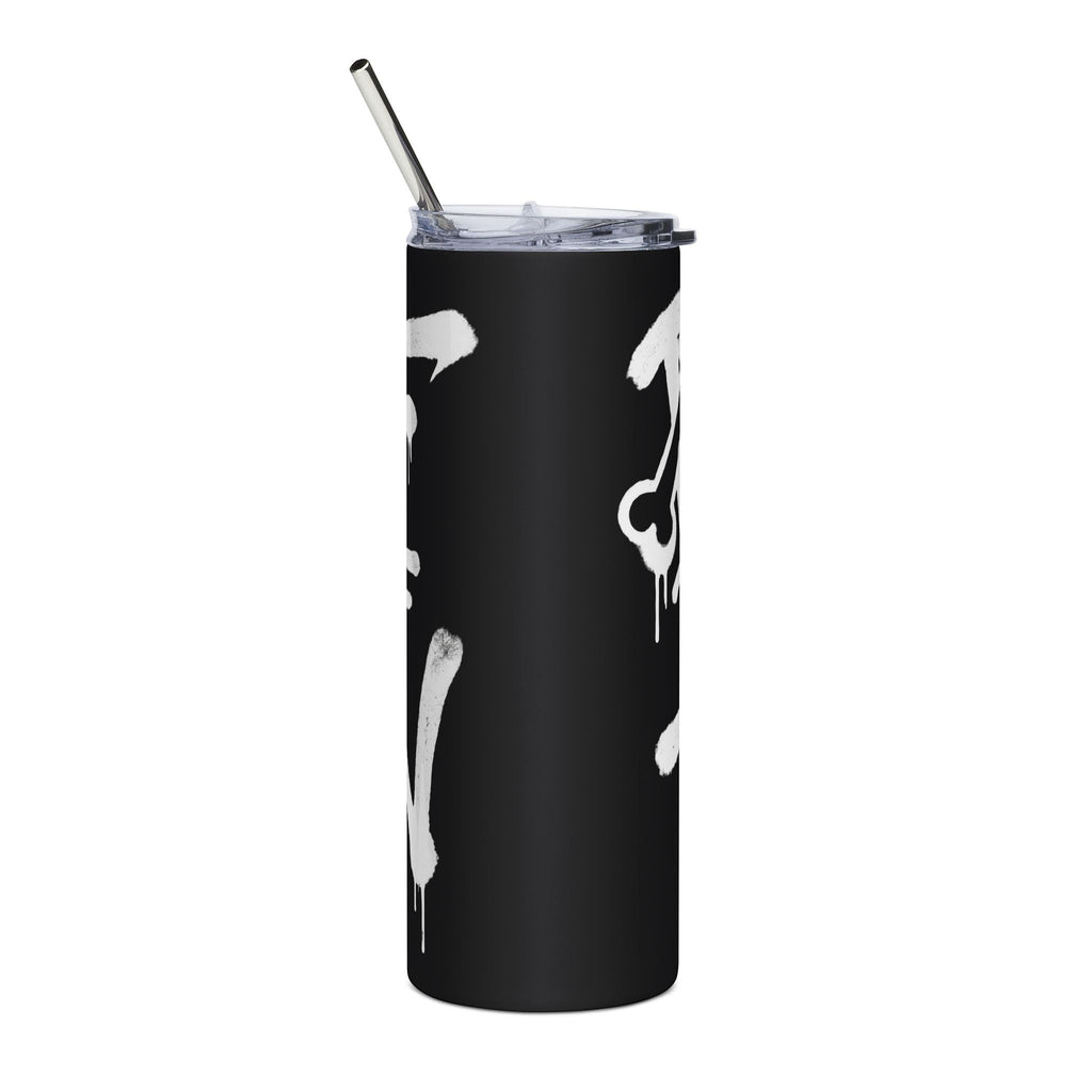 Ruff Part of Town black stainless steel 20oz tumbler with white graffiti art and metal straw.