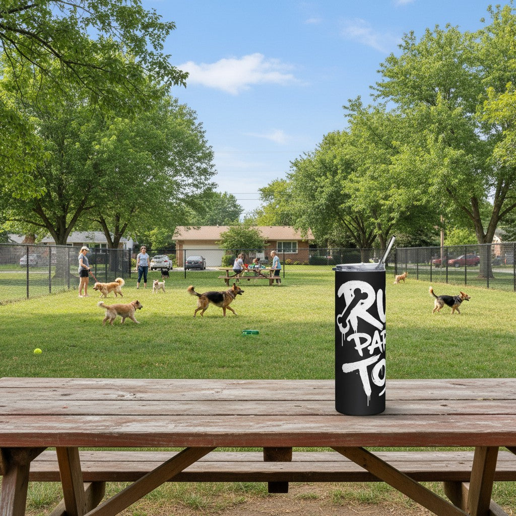 Ruff Part of Town black stainless steel 20oz tumbler with white graffiti art and metal straw.