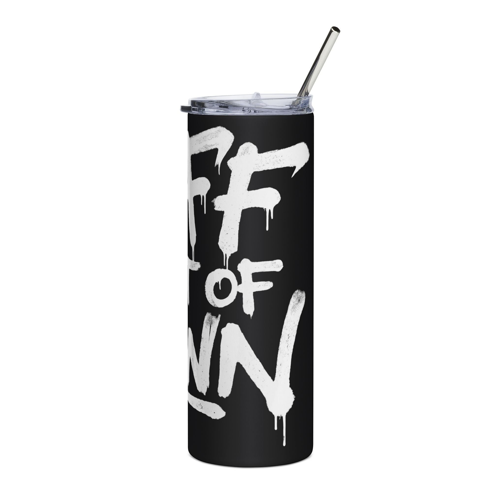 Ruff Part of Town black stainless steel 20oz tumbler with white graffiti art and metal straw.