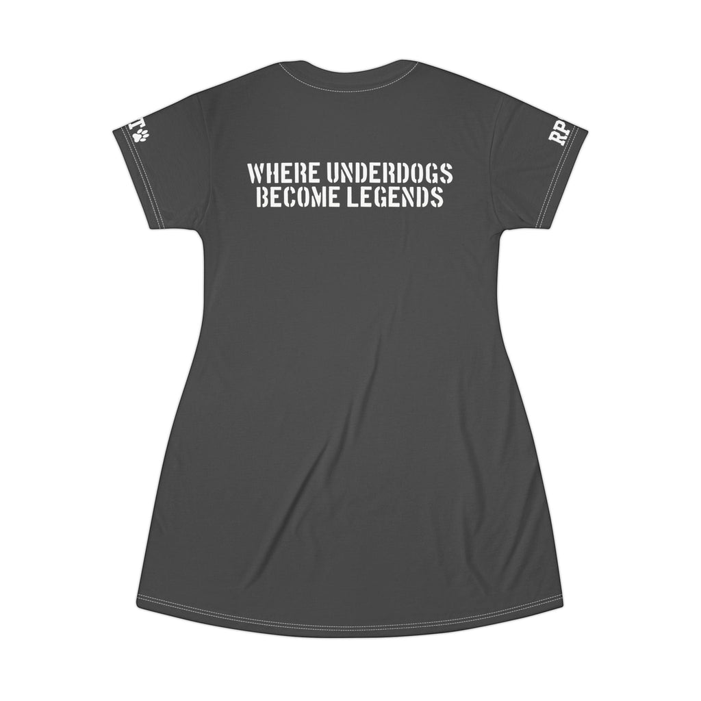 Ruff Part of Town charcoal grey polyester t-shirt dress with white "WHERE UNDERDOGS BECOME LEGENDS" graphic on back.