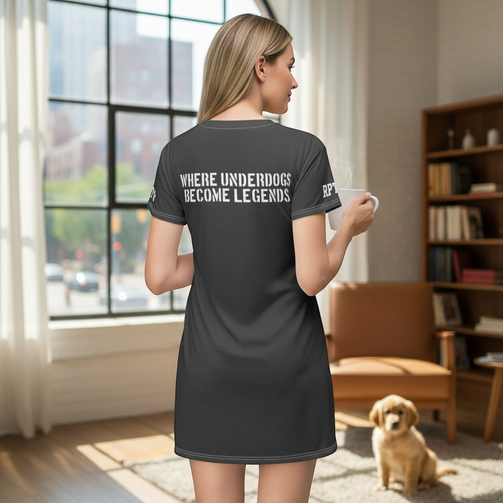 Ruff Part of Town charcoal grey graphic t-shirt dress with white lettering on back reading "WHERE UNDERDOGS BECOME LEGENDS"