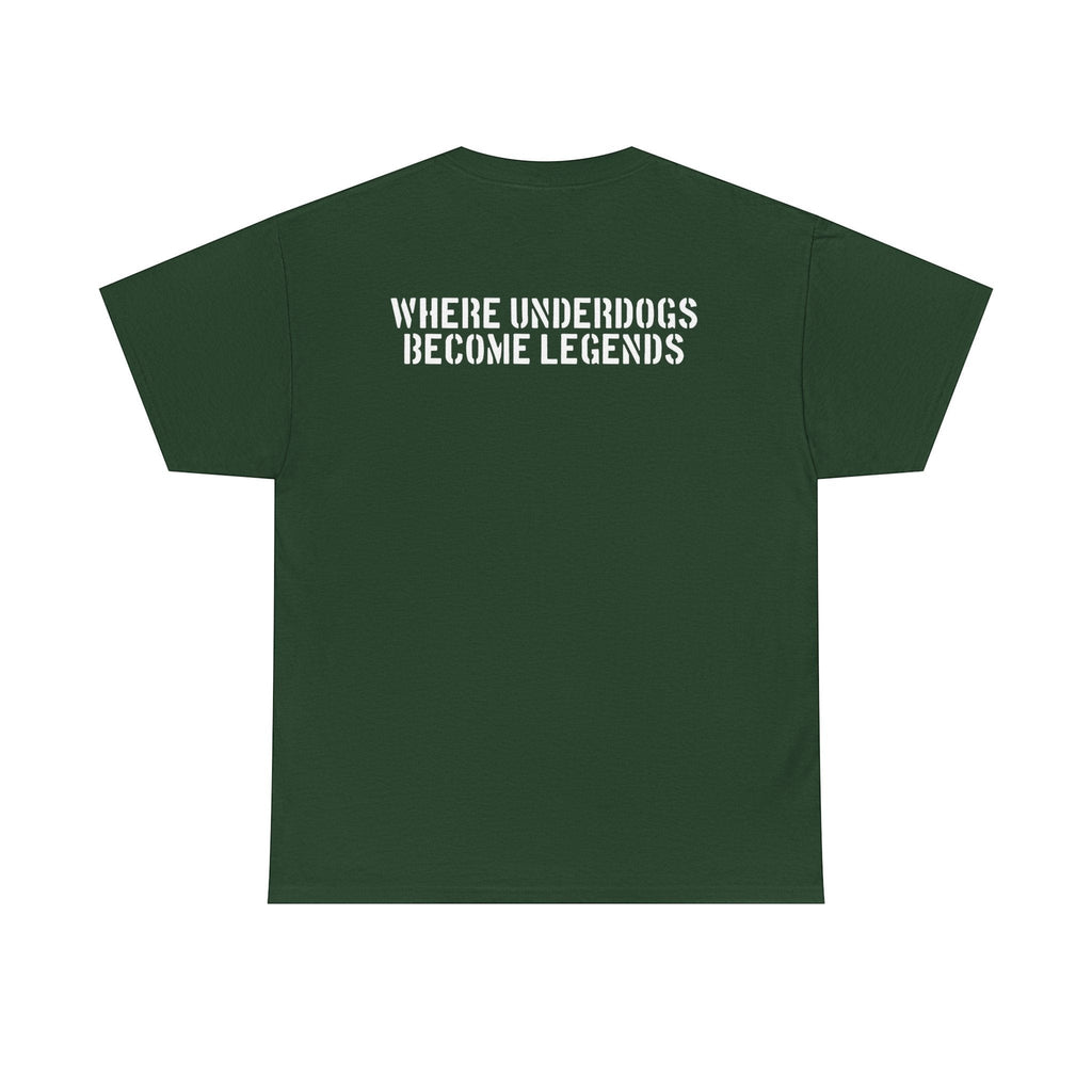Ruff Part of Town dark green 100% cotton t-shirt with white graffiti-style print on back: "WHERE UNDERDOGS BECOME LEGENDS"