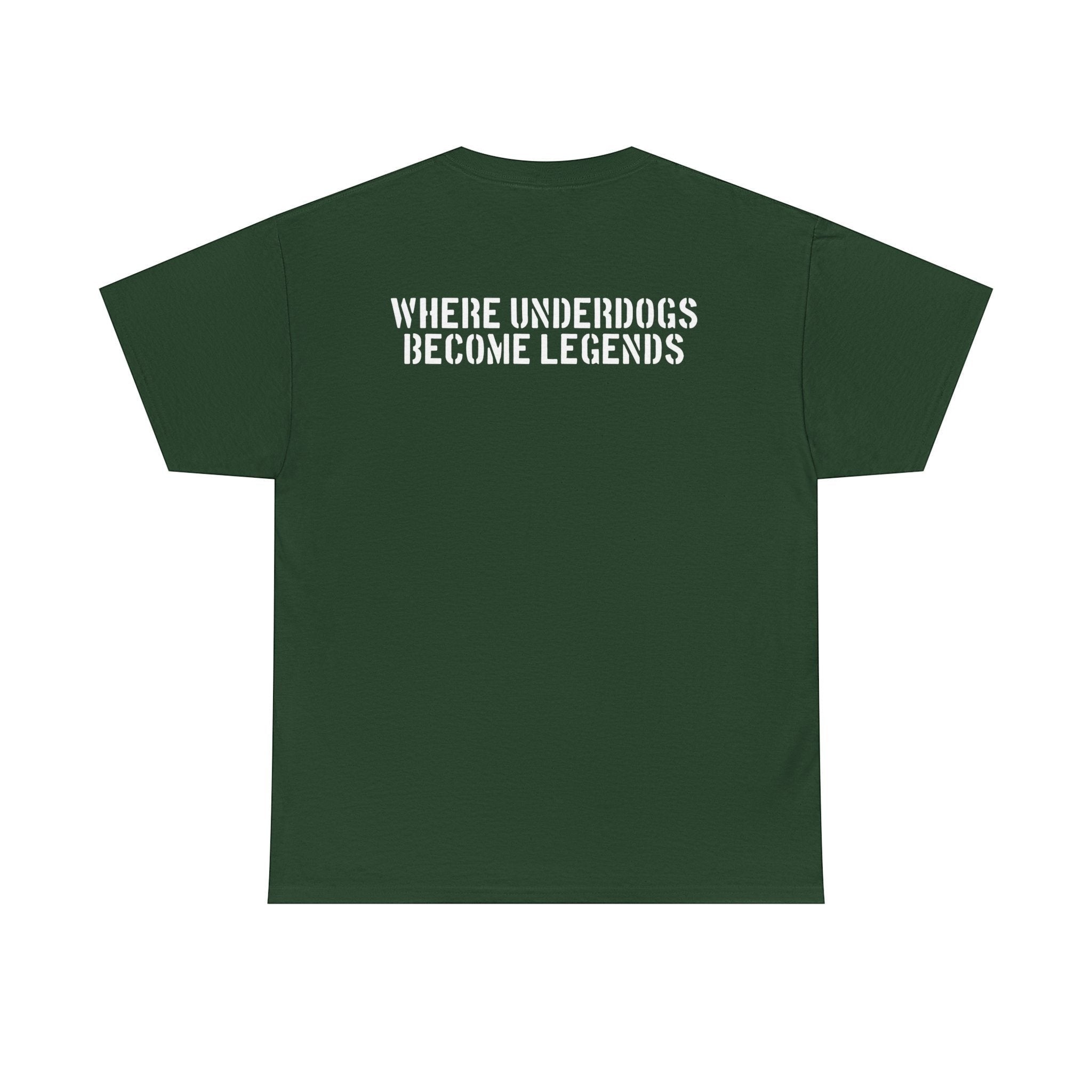 Ruff Part of Town dark green 100% cotton t-shirt with white graffiti-style print on back: "WHERE UNDERDOGS BECOME LEGENDS"