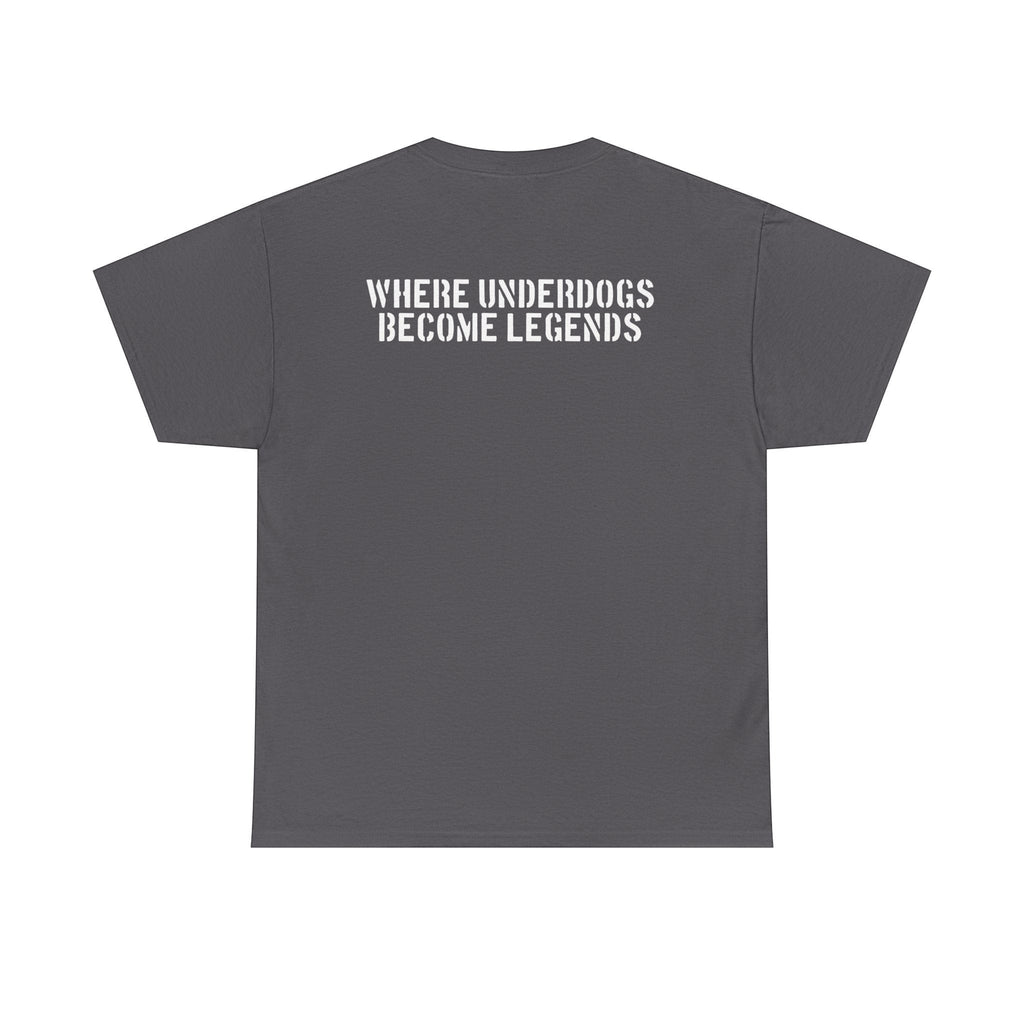 Ruff Part of Town dark grey 100% cotton t-shirt with white "WHERE UNDERDOGS BECOME LEGENDS" graphic print on back.