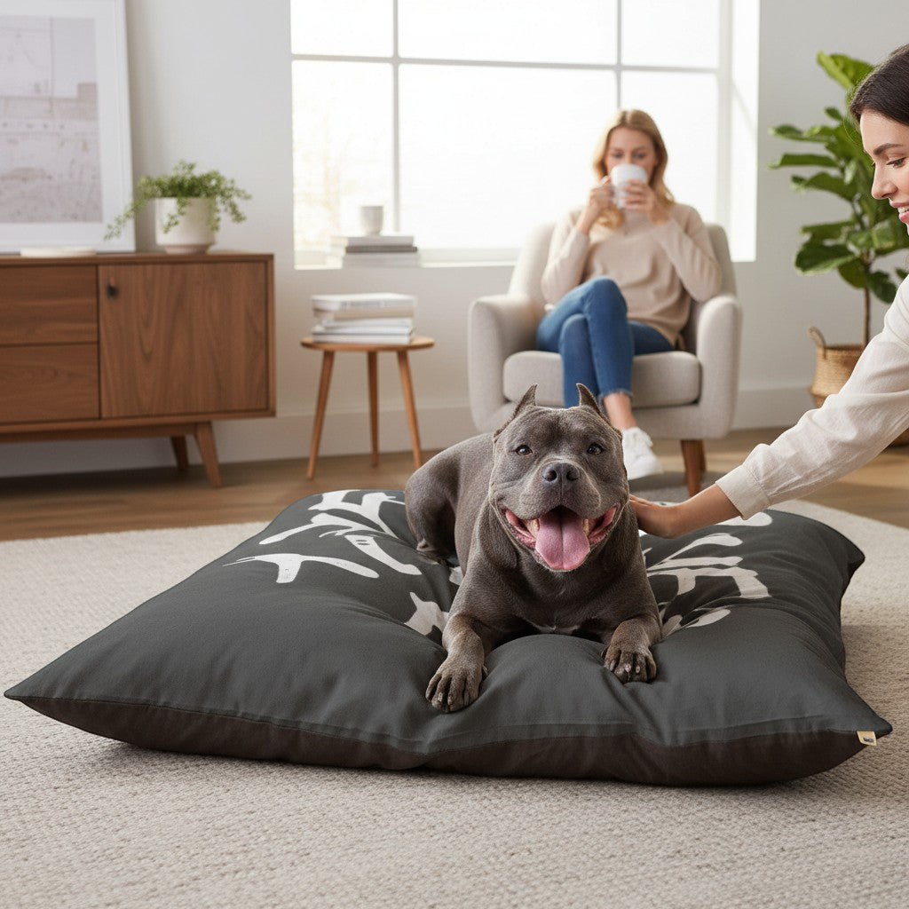 Ruff Part of Town gray pet bed with white graffiti print, featuring a happy pit bull. Soft coral fleece top, cotton duck underside, removable cover.