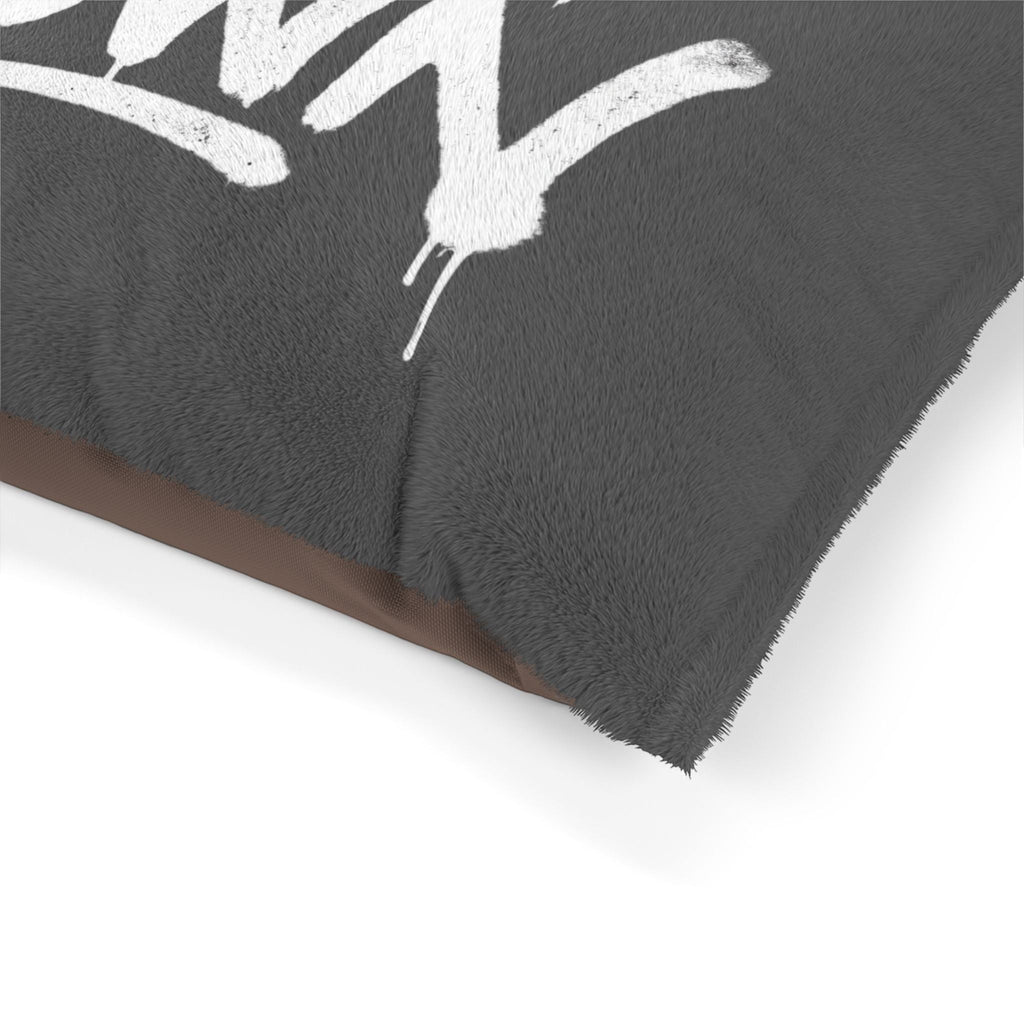 Ruff Part of Town cozy gray pet bed with playful white graffiti text on soft coral fleece.