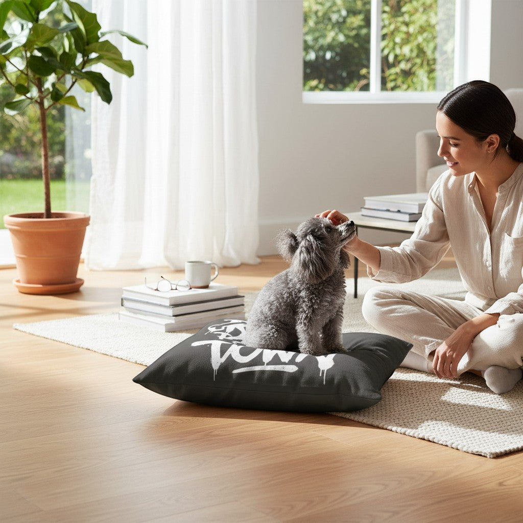 Ruff Part of Town gray dog bed with playful graffiti text, coral fleece top, cotton duck underside. Removable cover.