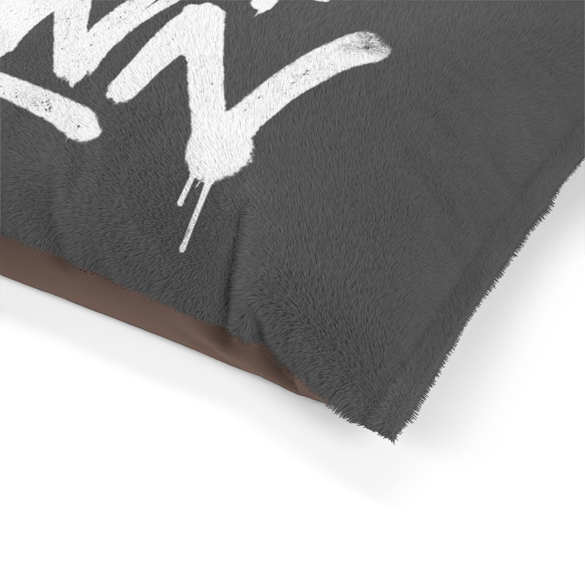 Ruff Part of Town gray coral fleece dog bed with white graffiti text and brown cotton duck underside.