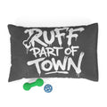 Ruff Part of Town gray pet bed with white graffiti text, coral fleece top, and cotton duck underside. Includes dog toys.