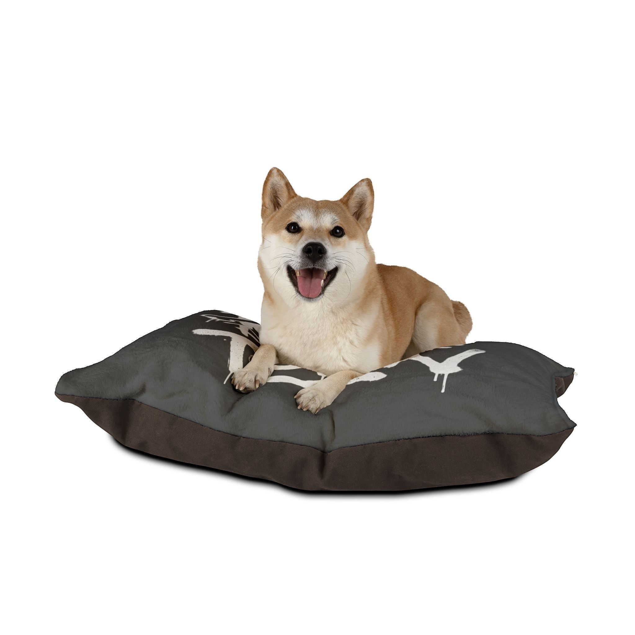 Ruff Part of Town gray dog bed with playful graffiti print and coral fleece top. A Shiba Inu rests on the bed.