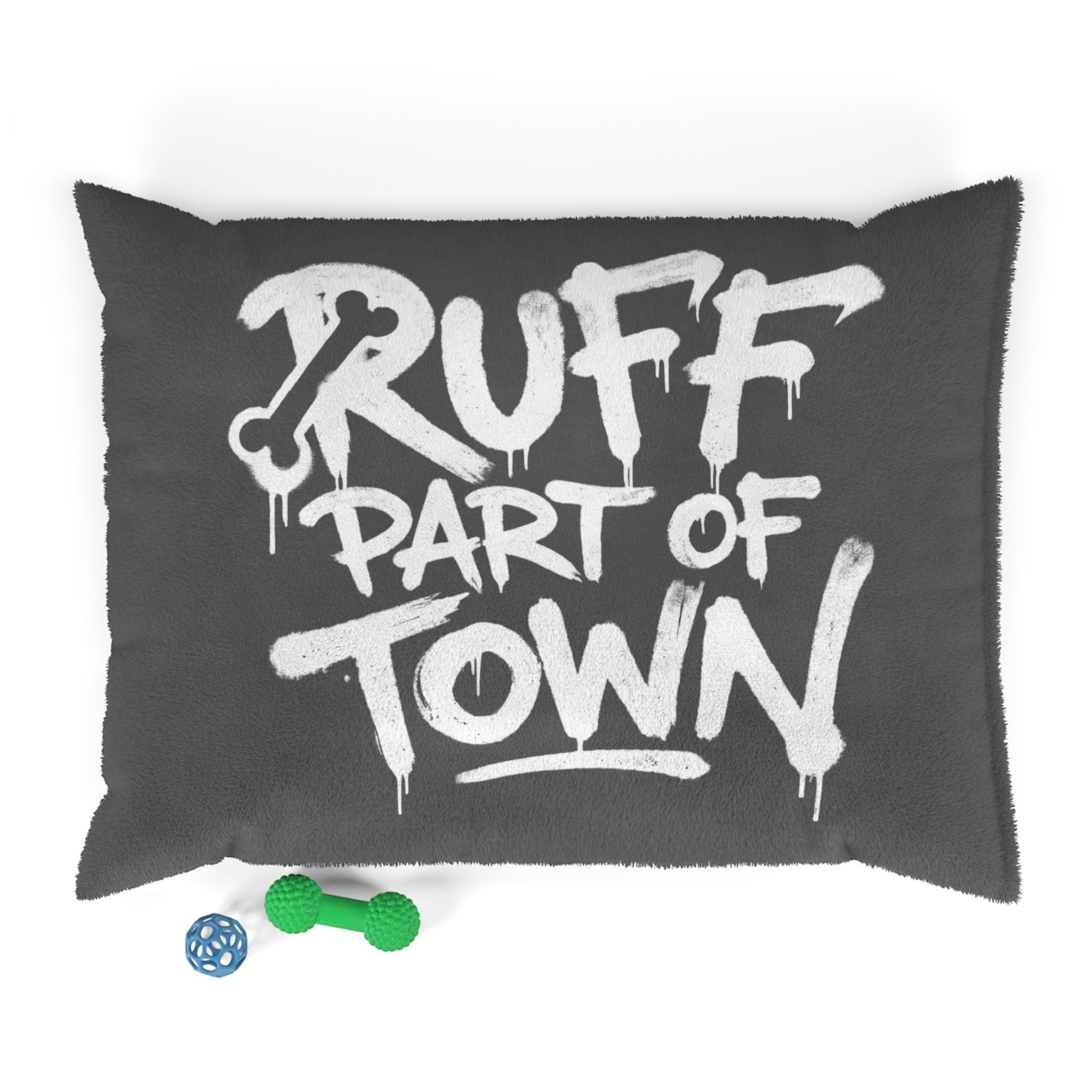 Ruff Part of Town gray coral fleece dog bed with white graffiti text and removable zip cover. Includes dog toys.
