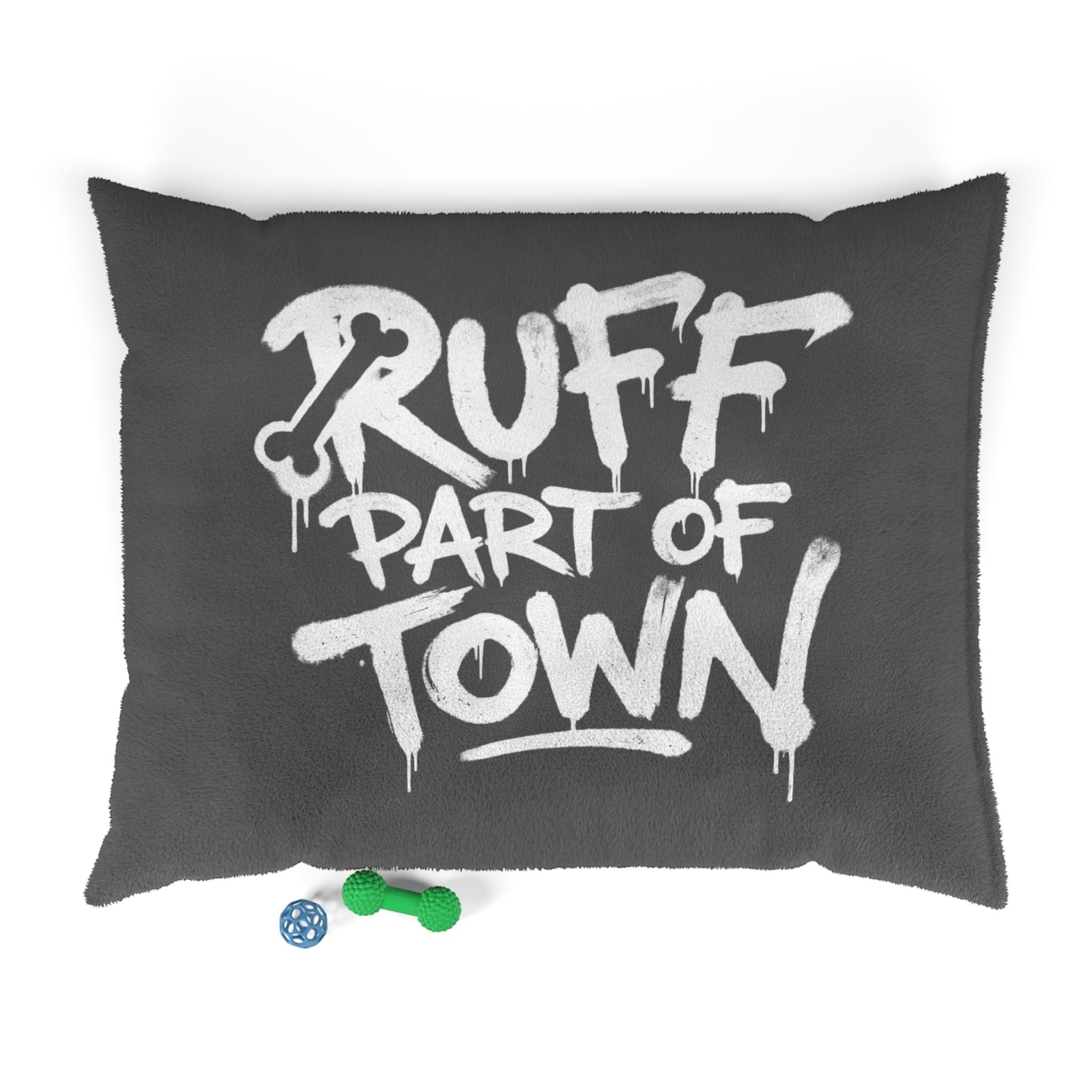 Ruff Part of Town gray coral fleece dog bed with white graffiti text and removable zip cover. Includes dog toys.