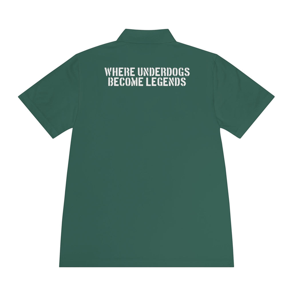 Ruff Part of Town men's dark green polyester polo shirt with "WHERE UNDERDOGS BECOME LEGENDS" graphic on back.