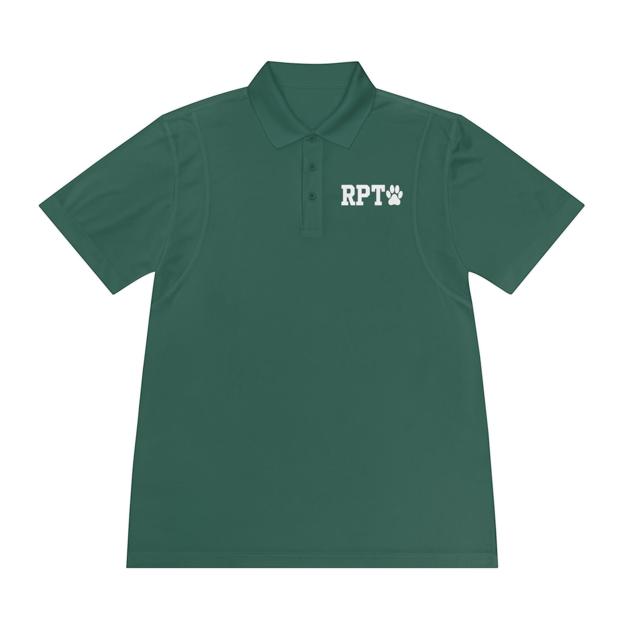 Ruff Part of Town men's dark green polyester polo shirt with RPT paw logo on chest. Moisture-wicking, quick-dry fabric.