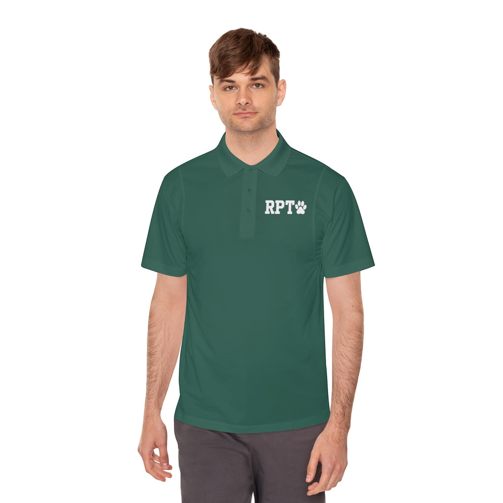 Ruff Part of Town men's dark green polyester polo shirt with RPT paw logo on chest and slogan on back.