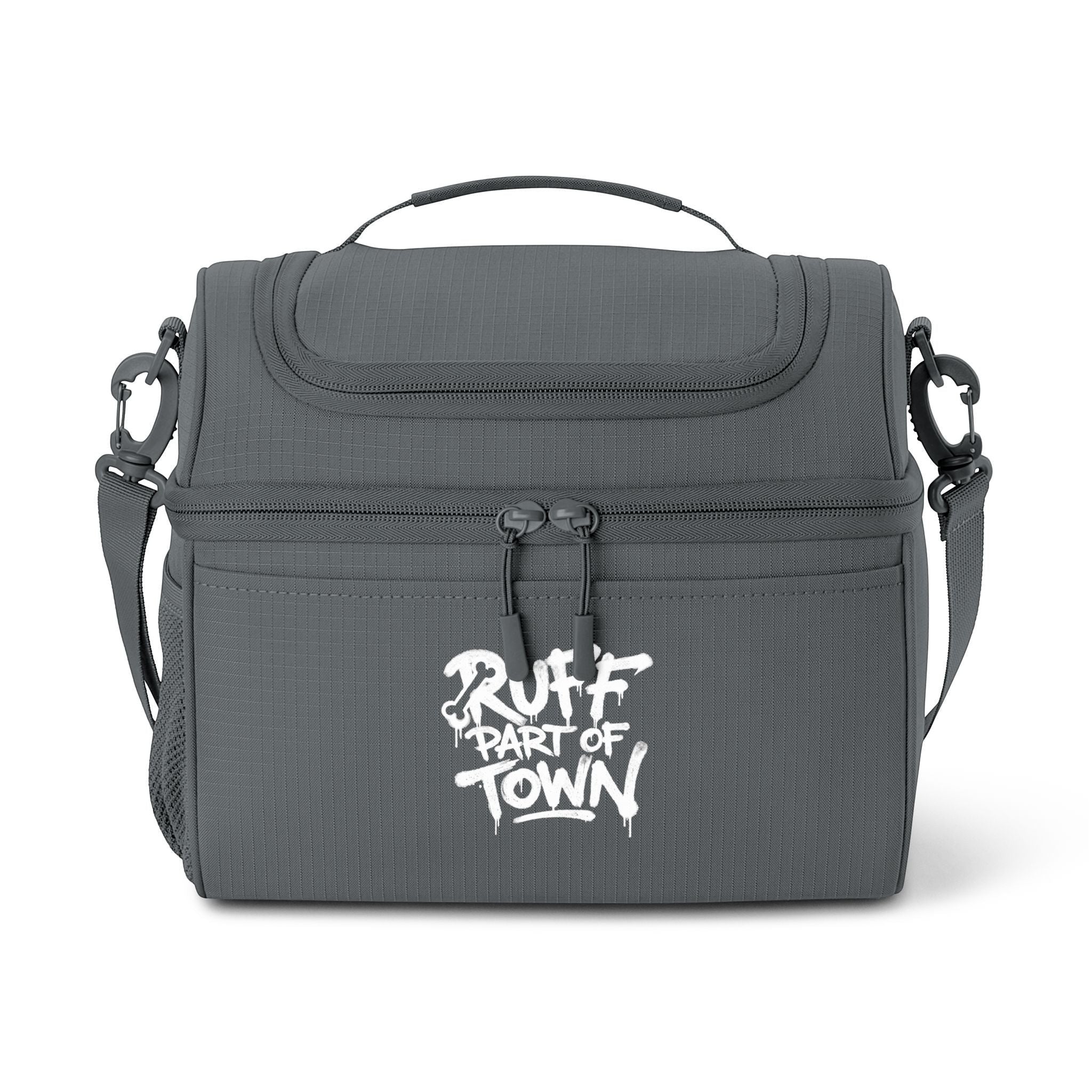 Ruff Part of Town grey ripstop polyester insulated lunch cooler bag with dual zip compartments and front graphic.