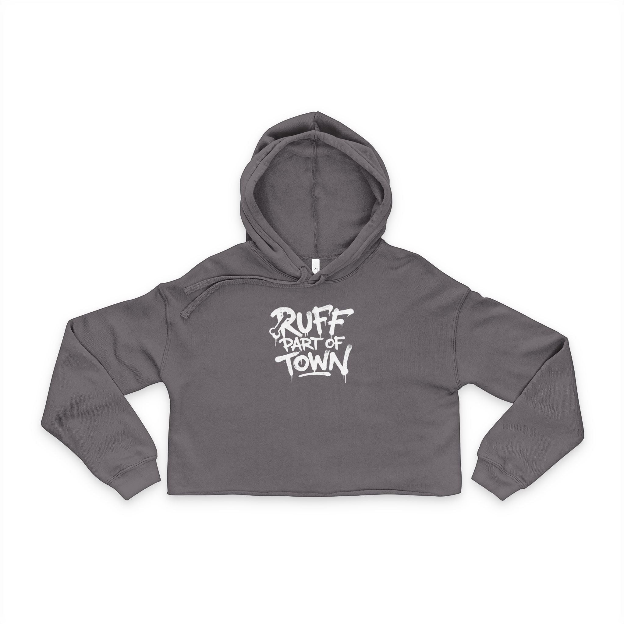 Ruff Part of Town grey cropped hoodie with raw hem, dropped shoulders, and white graffiti-style logo. Made of cotton-poly fleece.