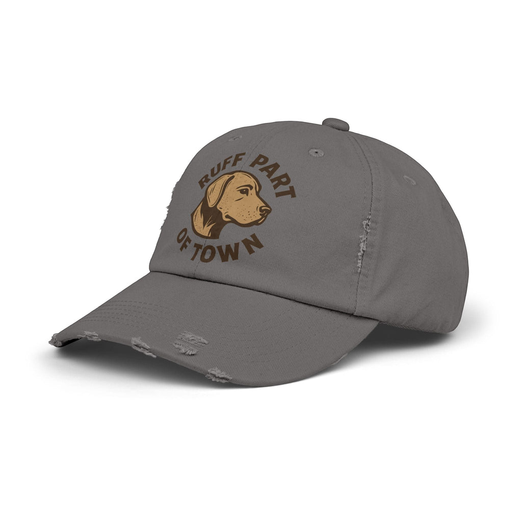 Ruff Part of Town grey distressed cotton twill baseball cap with embroidered dog and text.