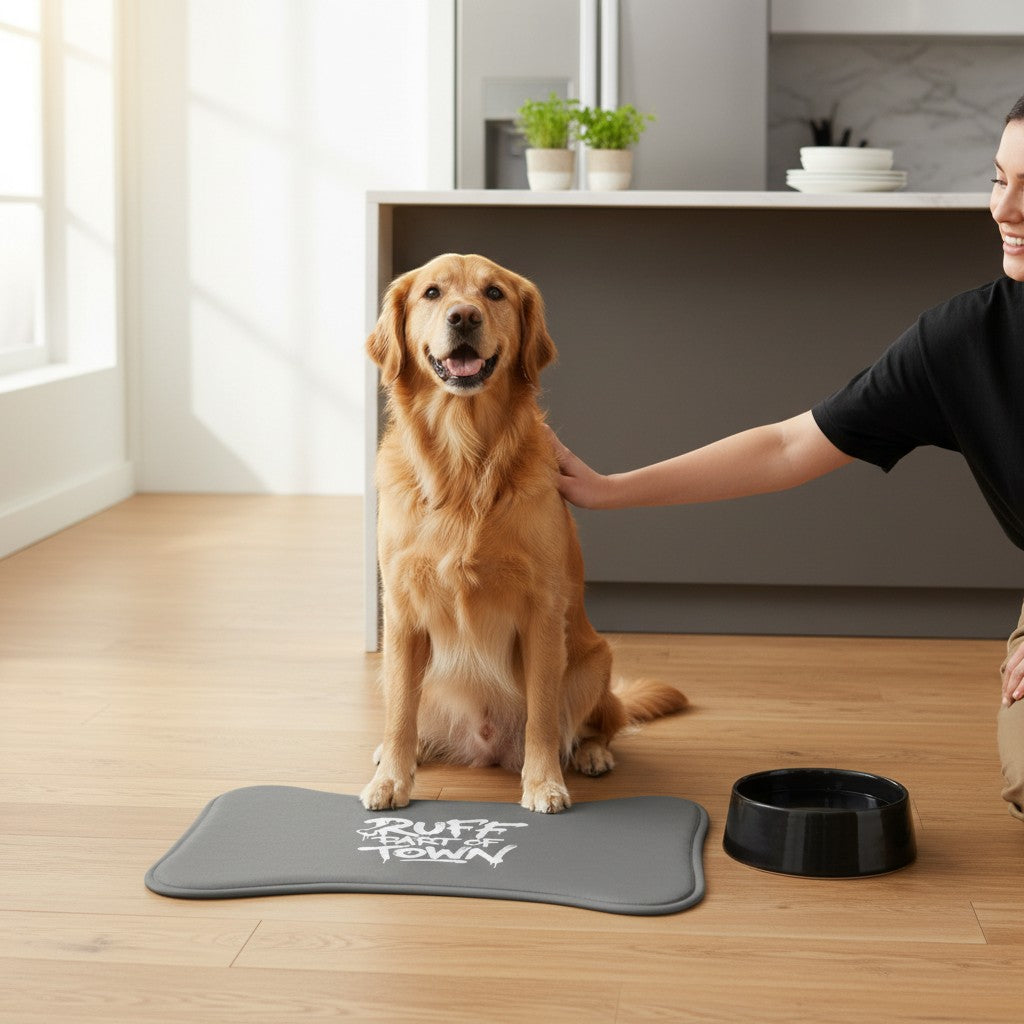 Ruff Part of Town grey bone-shaped dog feeding mat with anti-slip backing and white graffiti print.