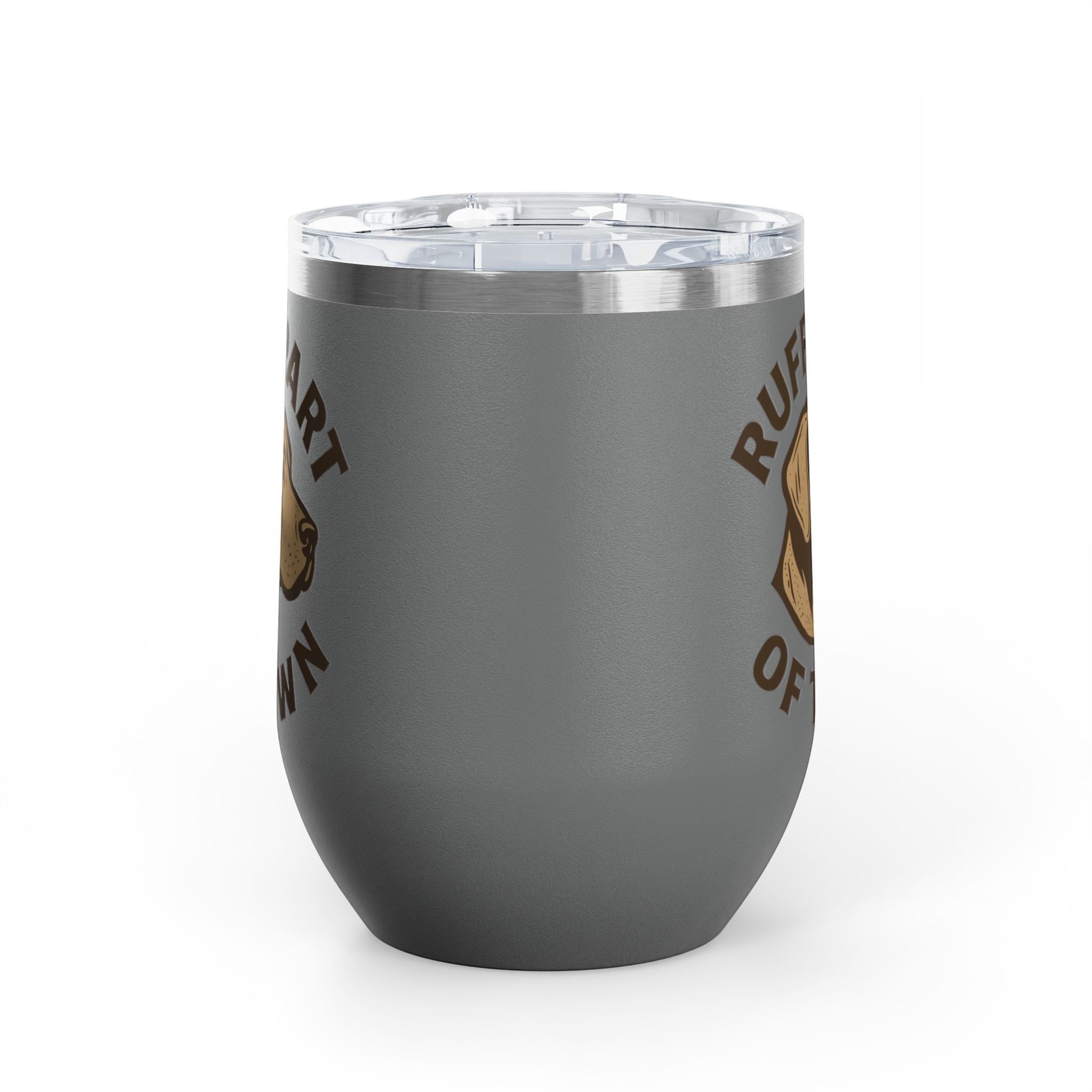Ruff Part of Town grey 12oz insulated stainless steel wine tumbler with dog portrait and slogan