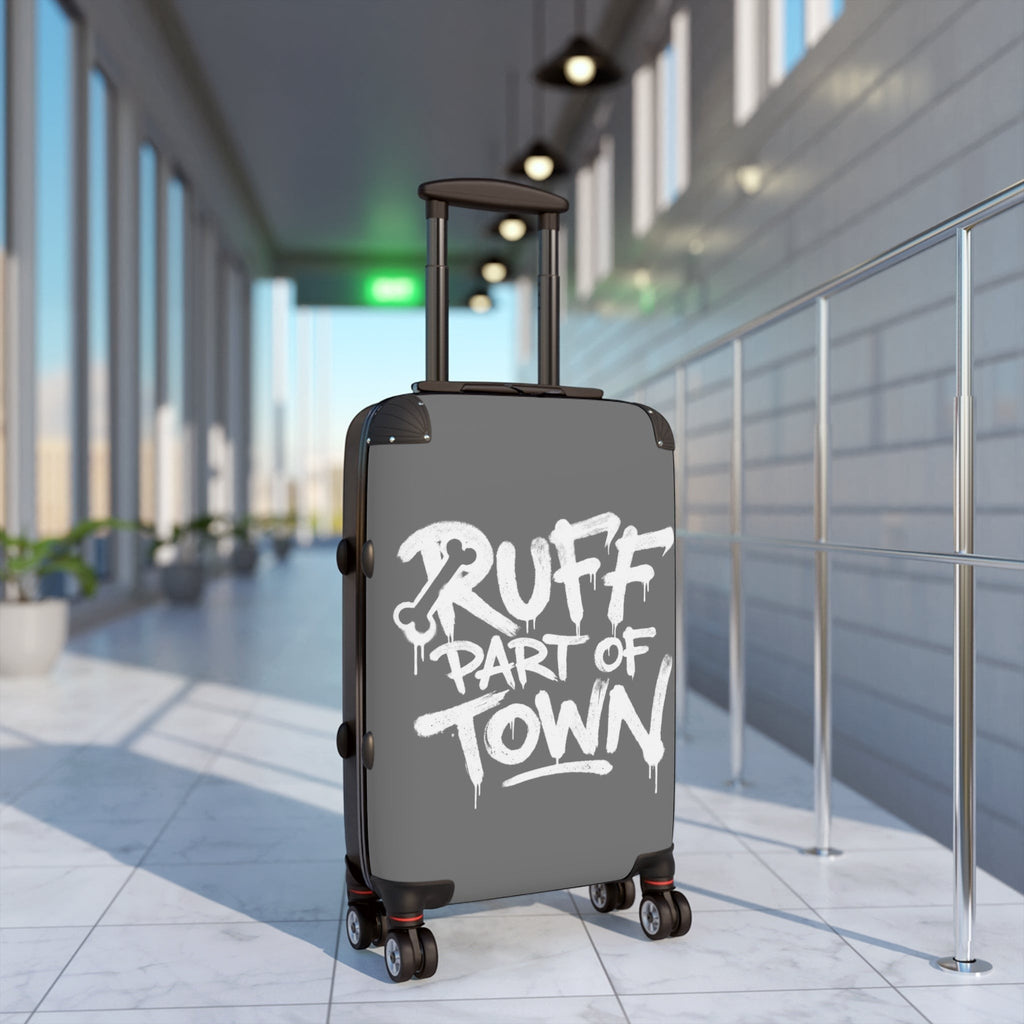 Ruff Part of Town grey hard-shell carry-on suitcase with graffiti print, telescopic handle, and swivel wheels.