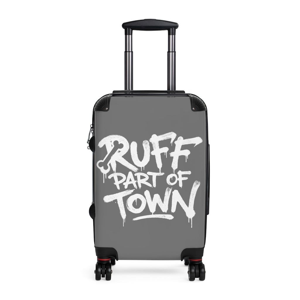 Ruff Part of Town grey hard-shell carry-on suitcase with graffiti print and black telescopic handle.