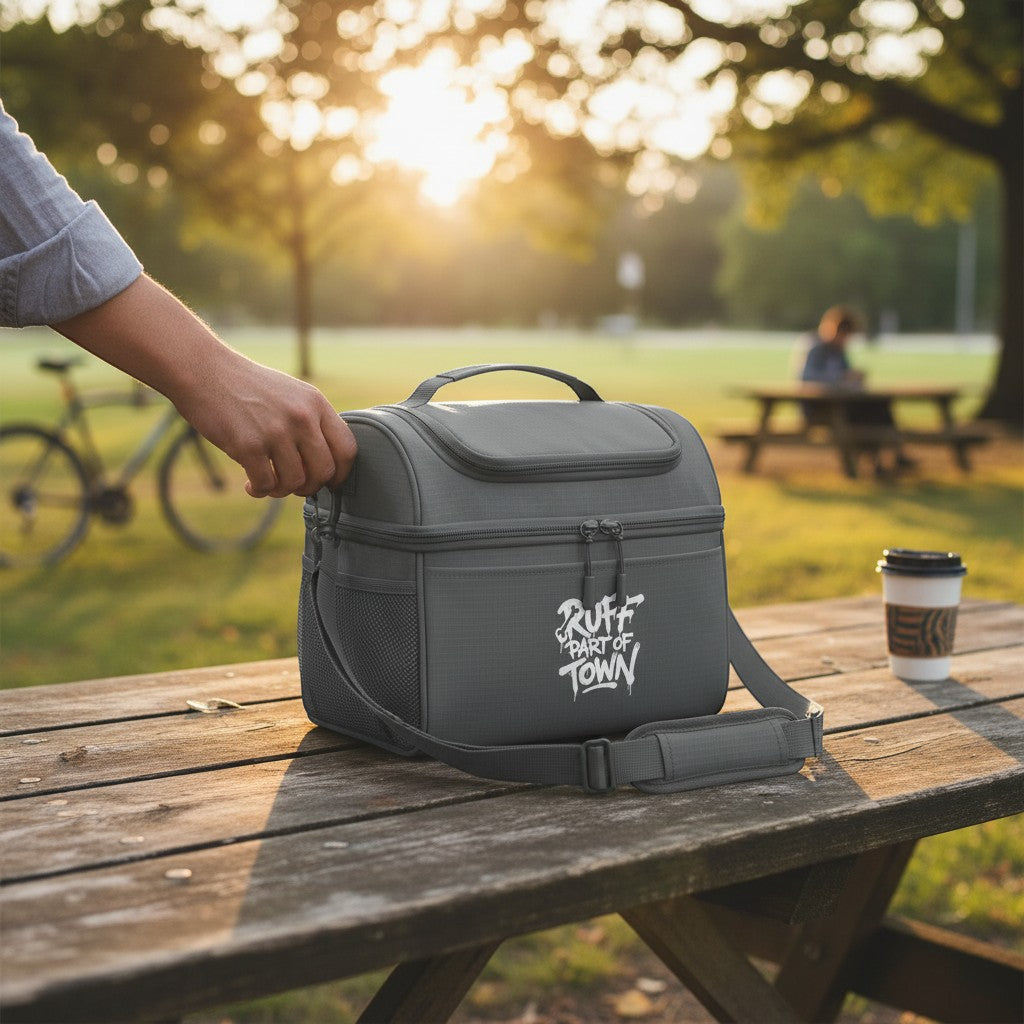 Ruff Part of Town grey ripstop polyester insulated lunch cooler bag with dual compartments, front slip pocket, and mesh side pocket.