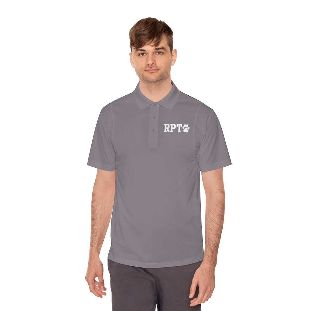 Ruff Part of Town grey polyester performance polo shirt with RPT paw logo on chest. Features lapel collar and 3-button placket.
