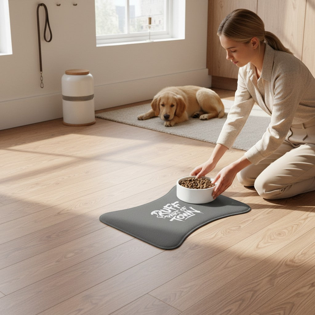 Ruff Part of Town grey pet feeding mat with anti-slip backing and graffiti print, featuring a golden retriever puppy nearby.