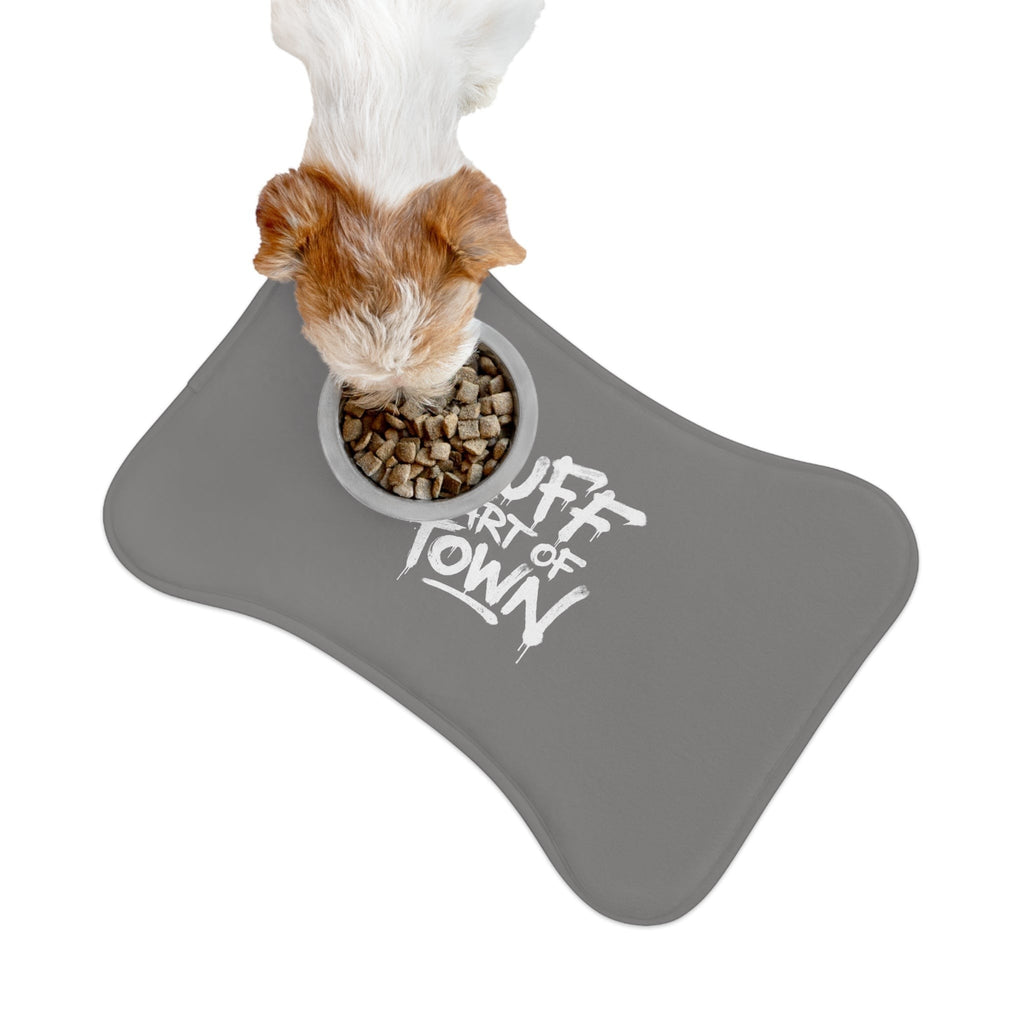 Ruff Part of Town grey pet feeding mat with white graffiti print, non-slip backing, and memory foam core.