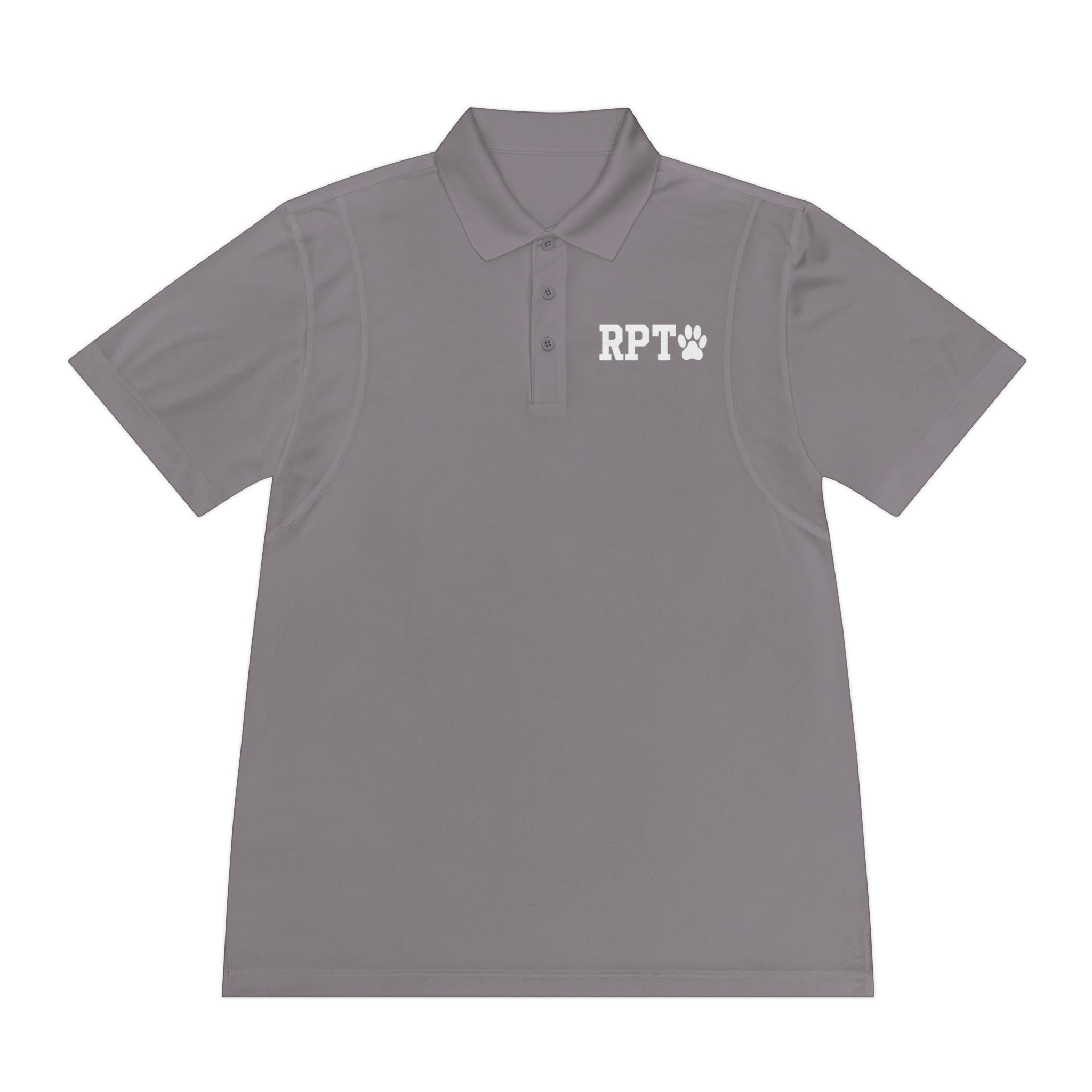 Ruff Part of Town grey polyester polo shirt with RPT paw logo on chest and slogan on back.