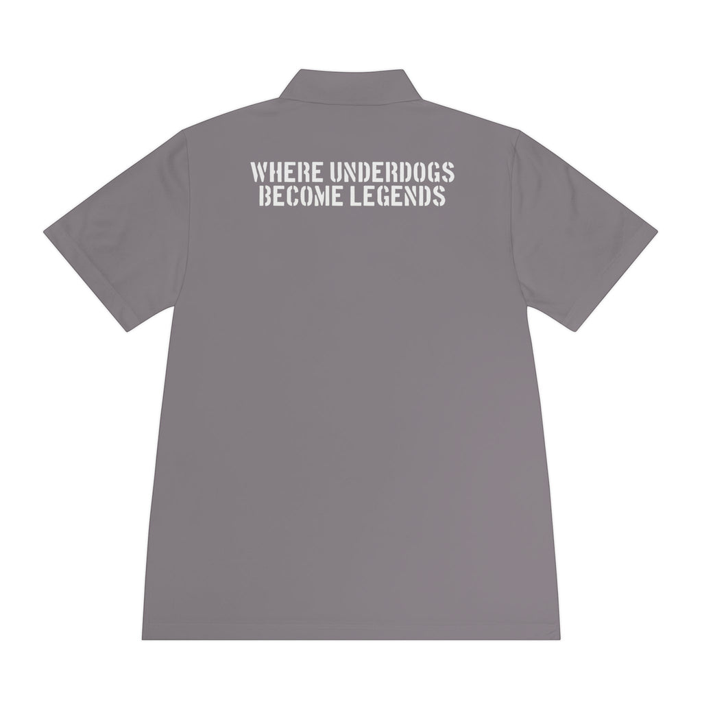 Ruff Part of Town grey polyester polo shirt with "Where Underdogs Become Legends" graphic on back.
