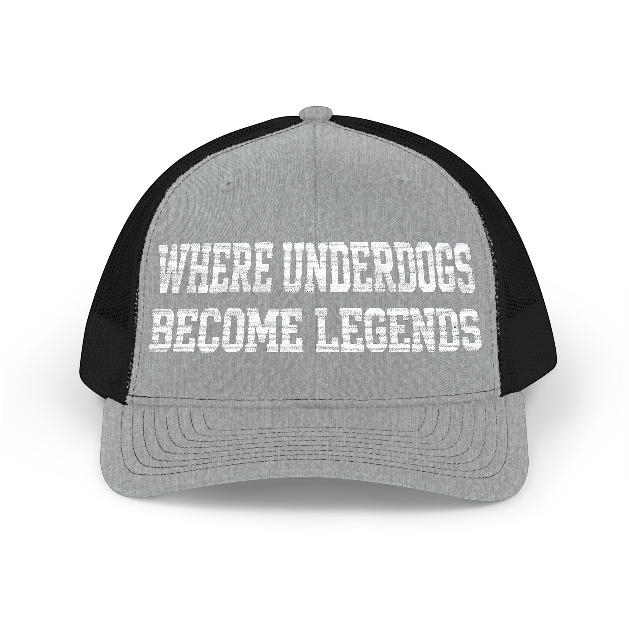 Ruff Part of Town grey and black trucker cap with "WHERE UNDERDOGS BECOME LEGENDS" text. Features breathable mesh back and adjustable snap closure.