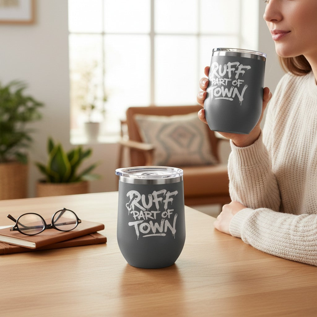Ruff Part of Town 12oz grey insulated stainless steel wine tumbler with white graffiti lettering and a clear lid.