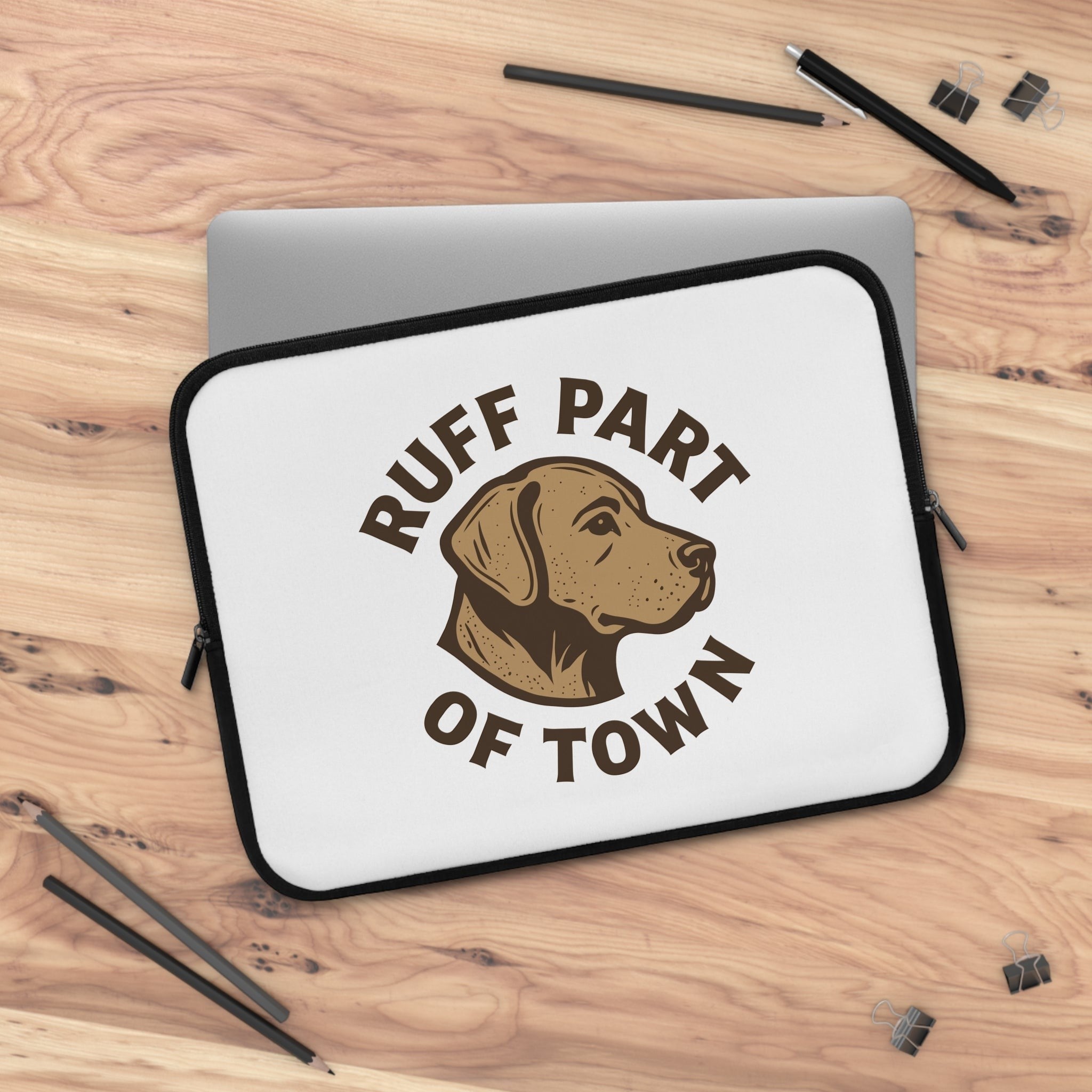 Ruff Part of Town white neoprene laptop sleeve with dual zipper and a brown dog sketch design. Water-resistant.