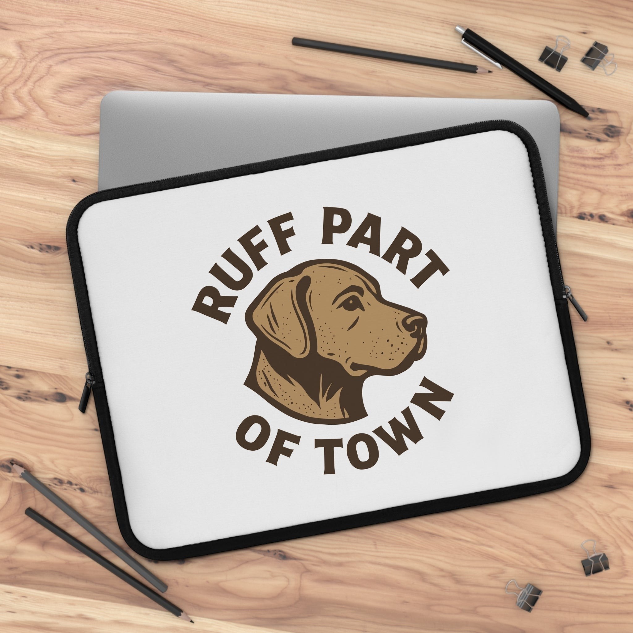 Ruff Part of Town white neoprene laptop sleeve with a brown dog sketch and dual zipper closure.