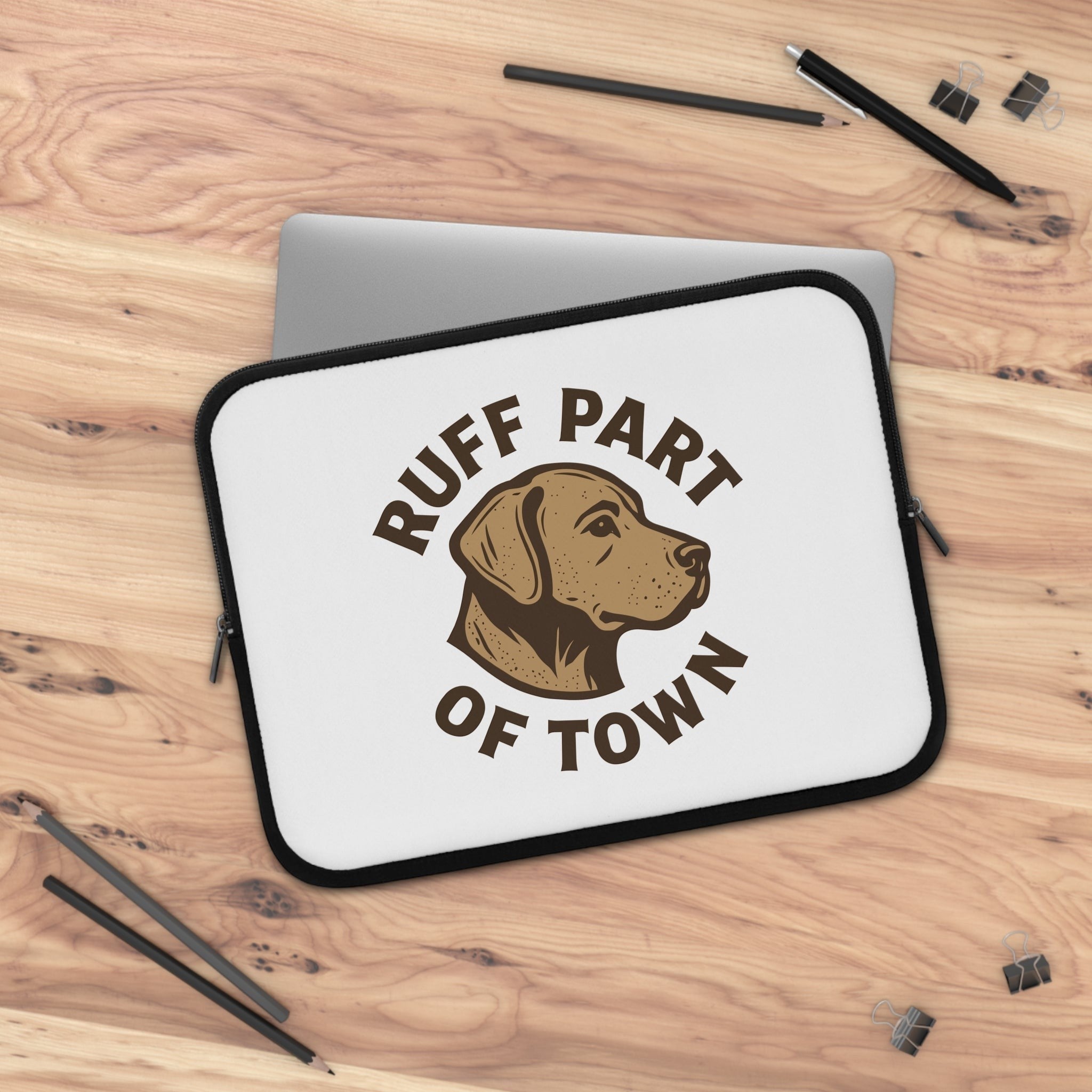 Ruff Part of Town white neoprene laptop sleeve with dog sketch and dual zippers. Water-resistant.
