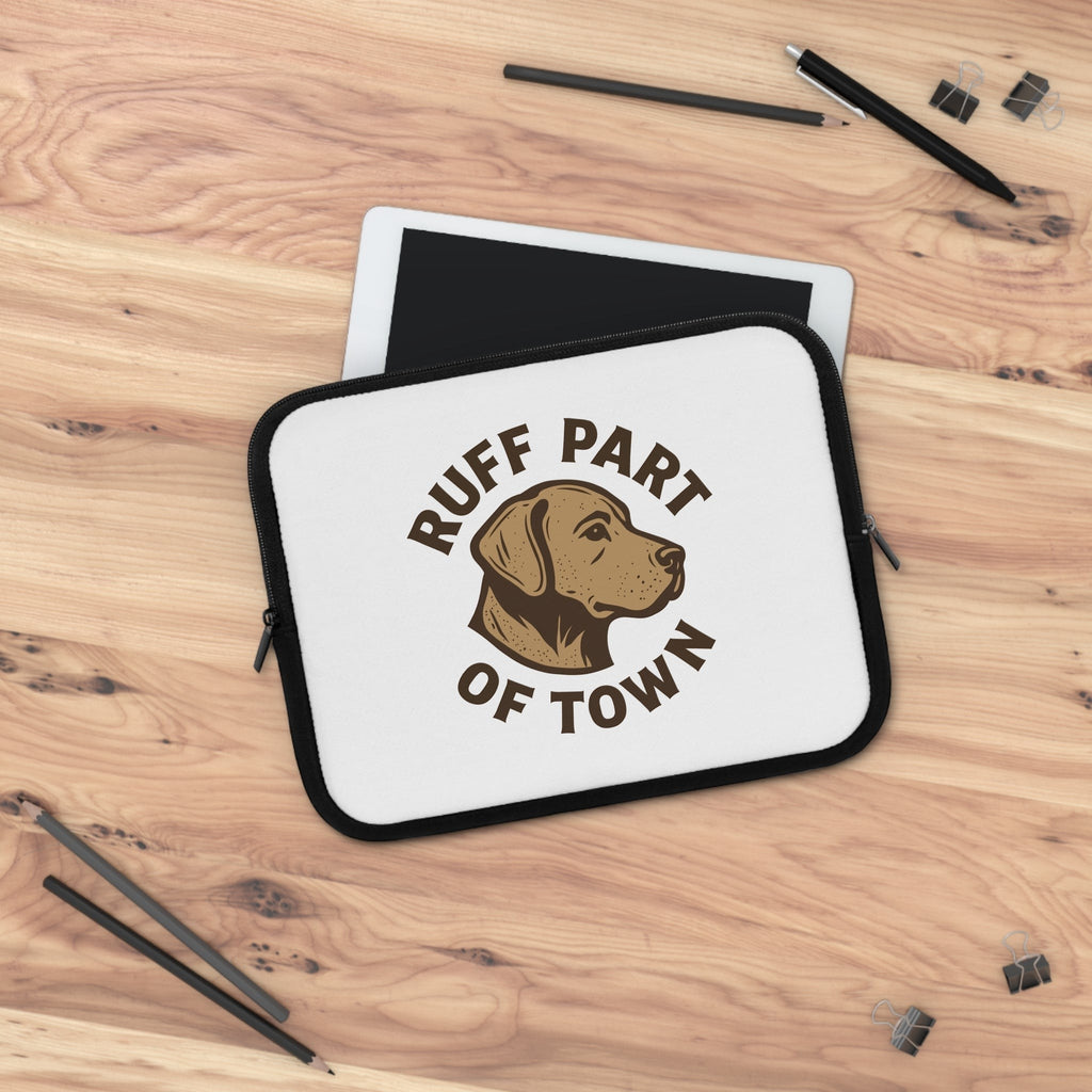 Ruff Part of Town white neoprene laptop sleeve with a brown dog sketch and dual zippers.