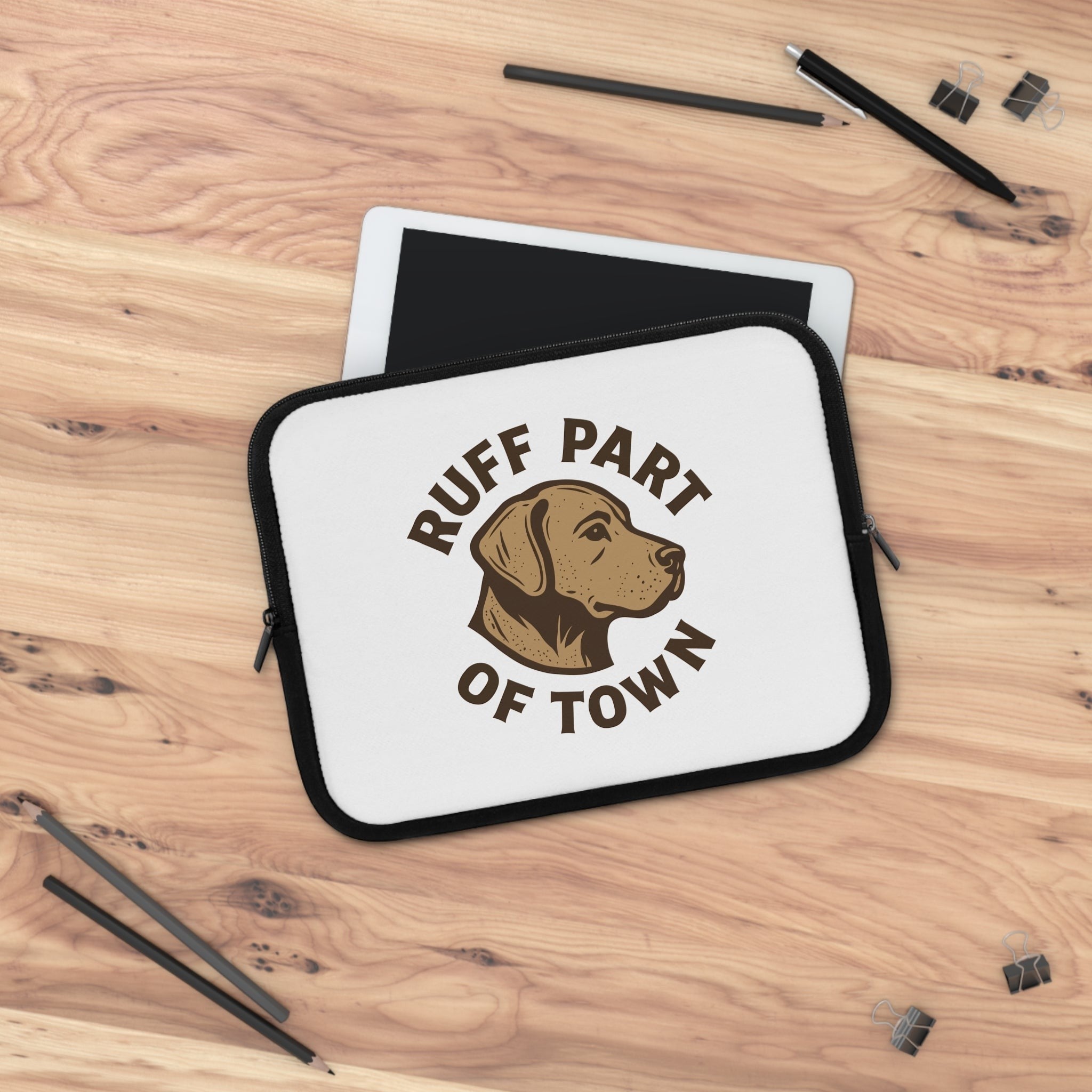 Ruff Part of Town white neoprene laptop sleeve with a brown dog sketch and dual zippers.