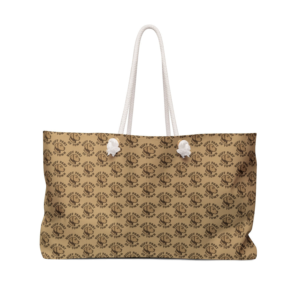 Ruff Part of Town logo pattern weekender bag with cream rope handles and gold-tone grommets. Durable spun polyester.
