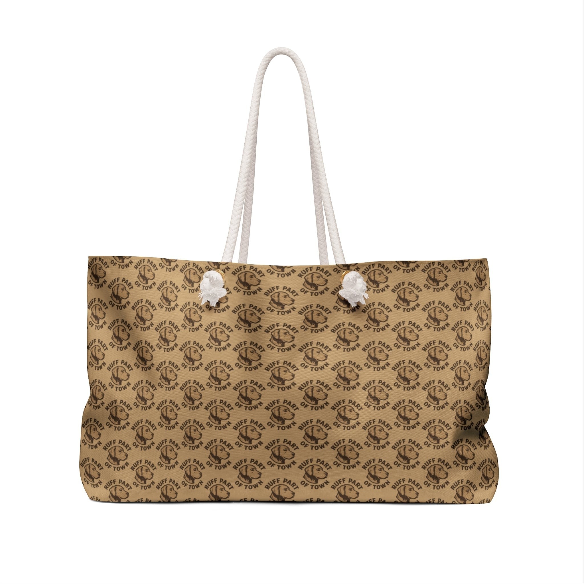 Ruff Part of Town repeating logo pattern weekender bag with cream rope handles and gold-tone grommets.