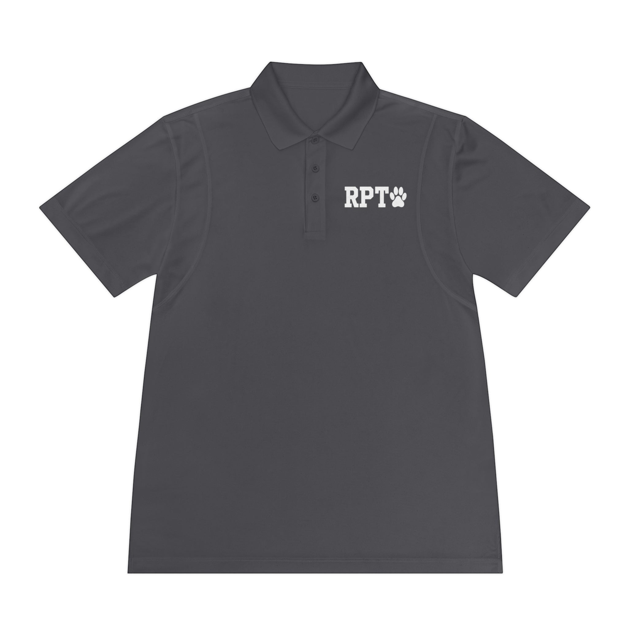 Ruff Part of Town men's dark grey polyester polo shirt with RPT logo and paw print on chest.