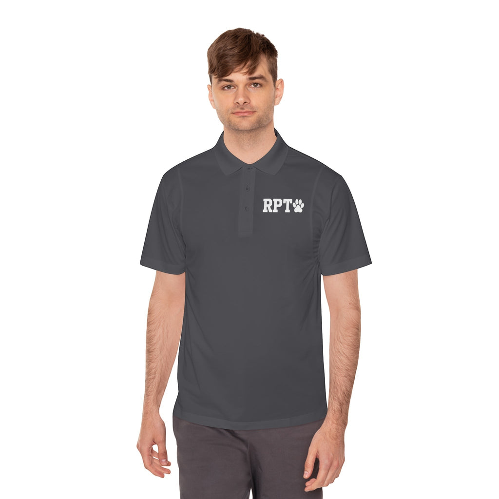 Ruff Part of Town men's dark grey short-sleeve performance polo with RPT paw logo on chest. 100% polyester.