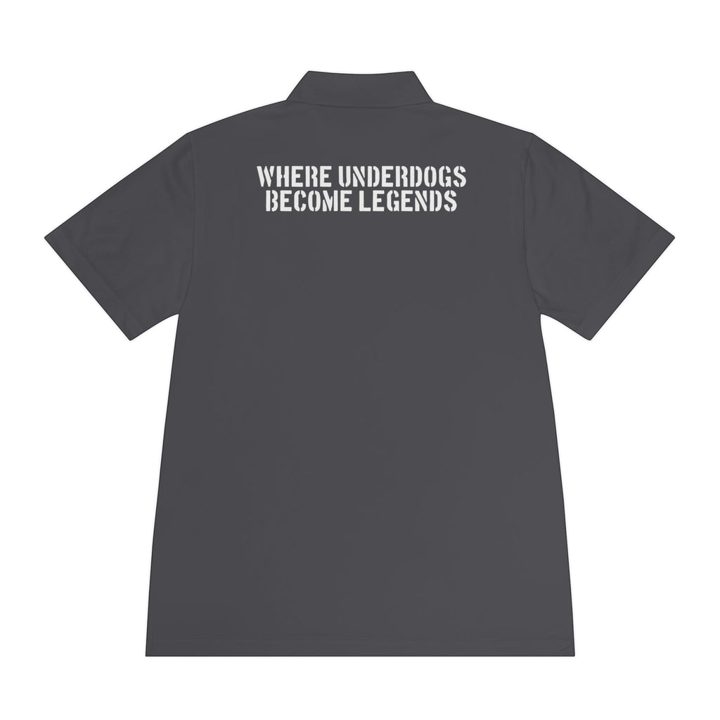 Ruff Part of Town dark grey 100% polyester men's polo shirt with "WHERE UNDERDOGS BECOME LEGENDS" printed on back.